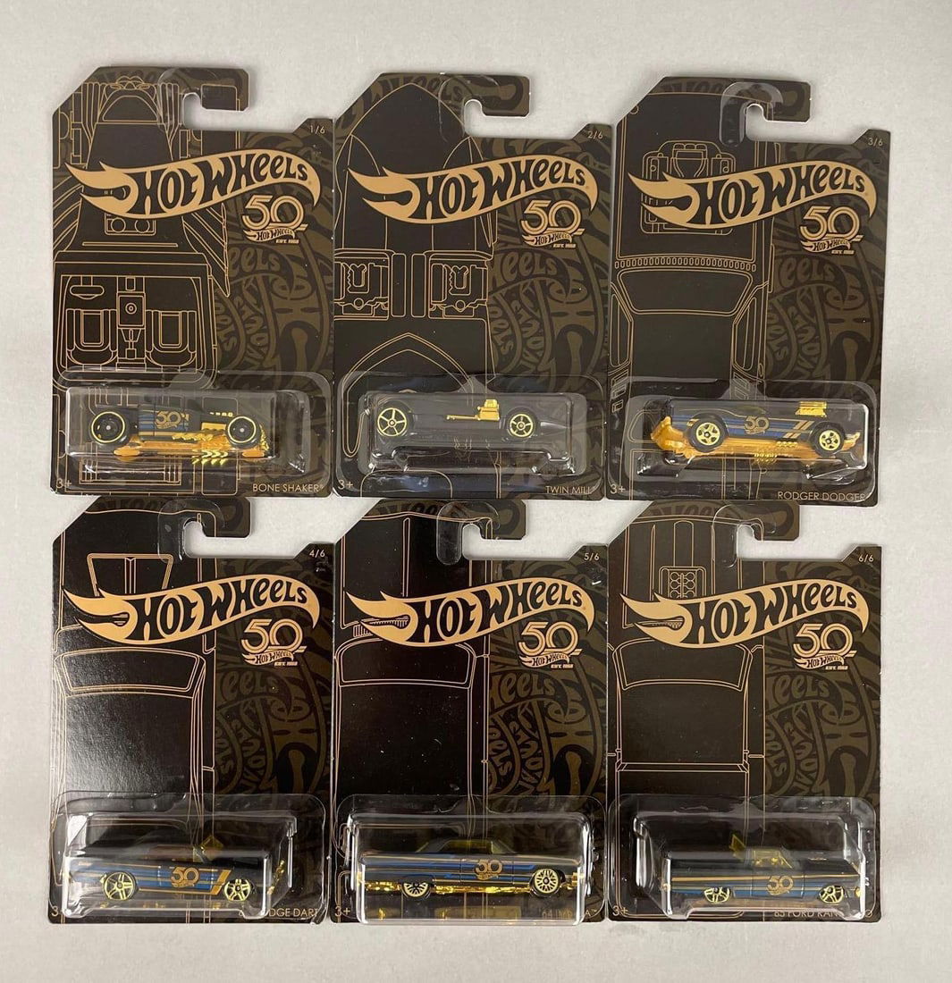 Set of 6 Mattel Hot Wheels 50th Anniversary Die-Cast Vehicles: Black and gold collection