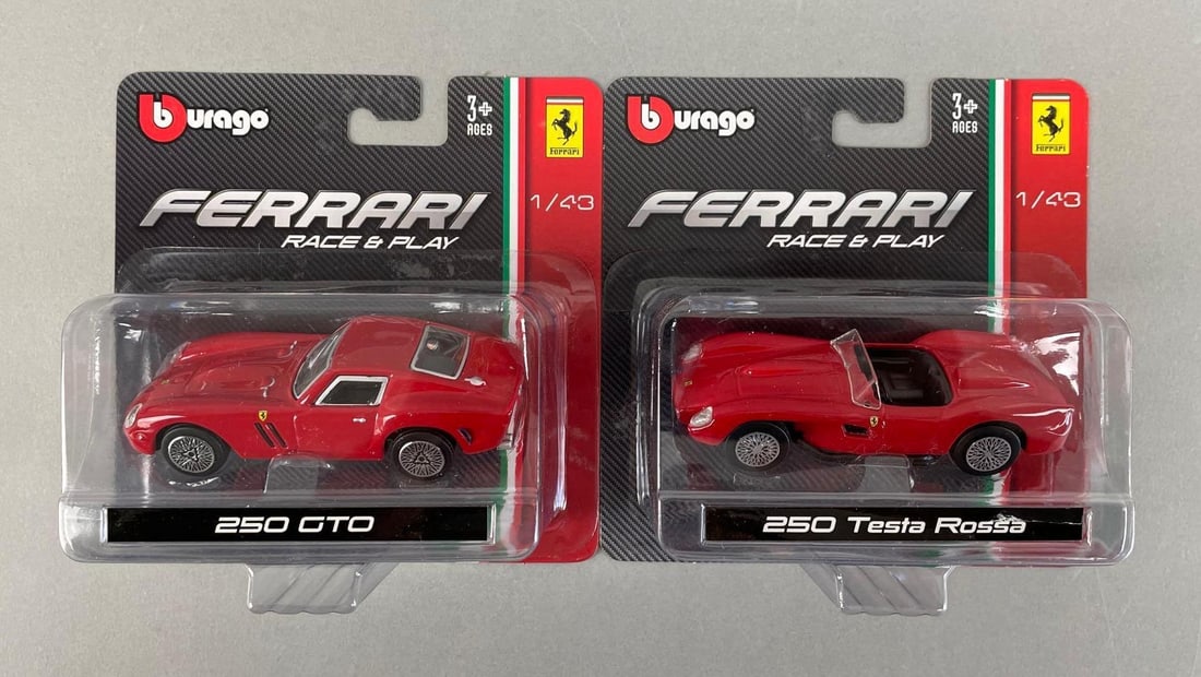 Group of Bburago Ferrari Race and Play Die-Cast Vehicles: 1/43 scale, original packaging