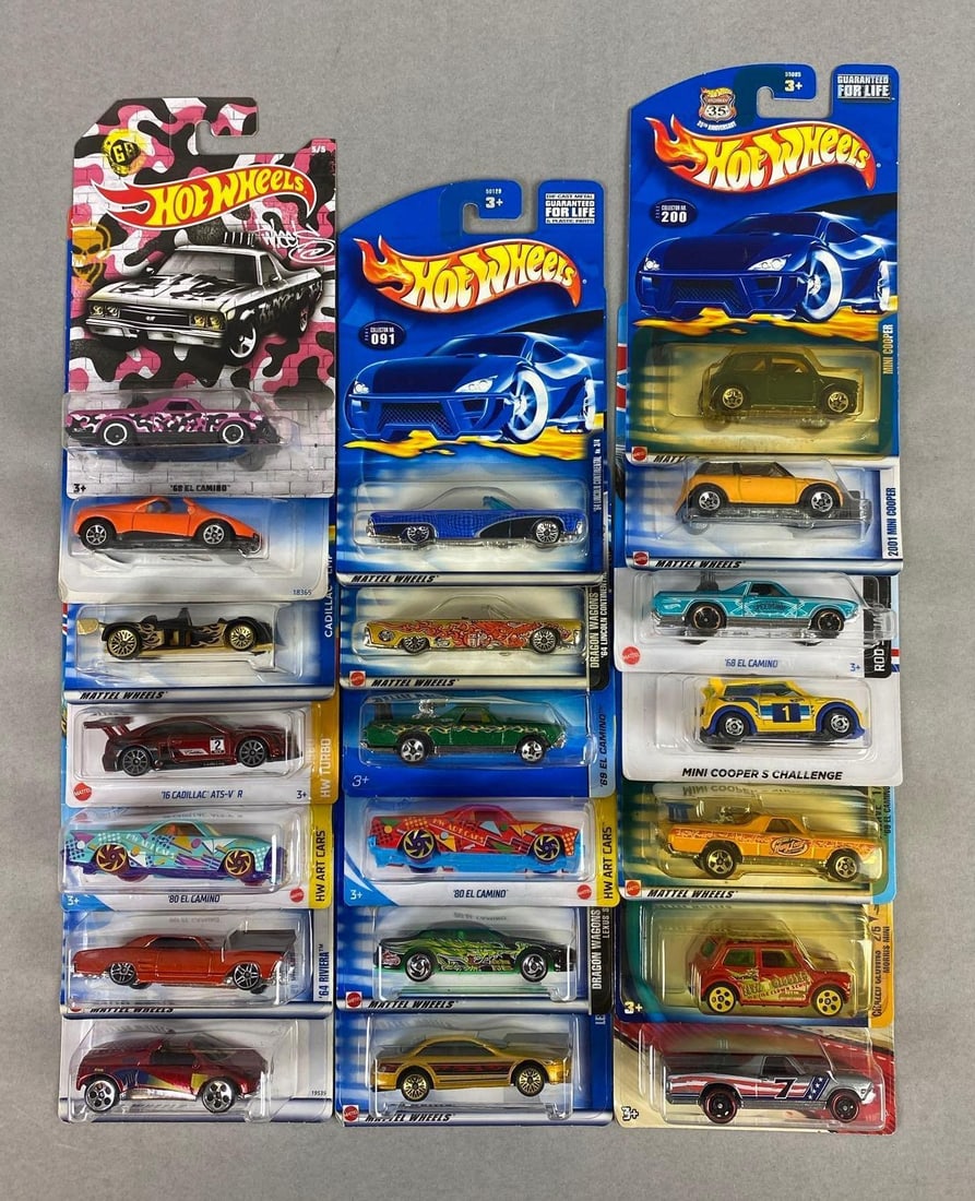 Group of 20 Mattel Hot Wheels Die Cast Vehicles: Includes El Camino, Mini Cooper, Lexus, and more. New in original packaging.