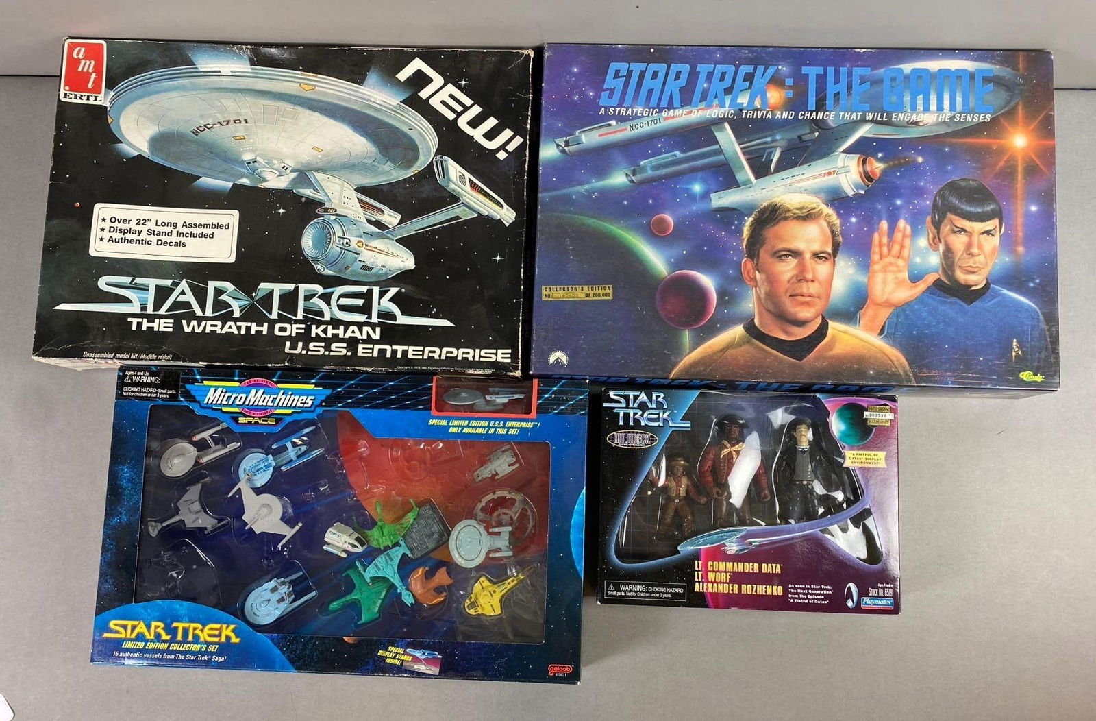 Group of 4 1990’s Star Trek Themed Games and Models: Includes Micro Machines Star Trek Collectors Set, 1992 Star Trek: The Game, and more. Unknown Completion of Games and models. Largest item measures H 12 x W 18.