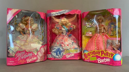 Group of 3 Mattel Barbies Birthday Themed Fashion Dolls