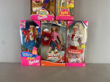 Group of 5 Mattel Barbie Disney Themed Fashion Dolls and More