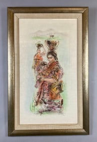Signed Hibel Mayan Water Carrier and Baby Lithograph