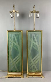 Pair of 2 James Mont Design Brass and Frosted Glass Bamboo Table Lamps
