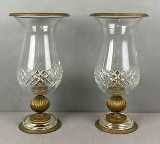 Group of 2 Vintage Cut Crystal and Brass Hurricane Candle Holders