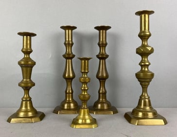 Group of 5 Antique Brass Candle Sticks