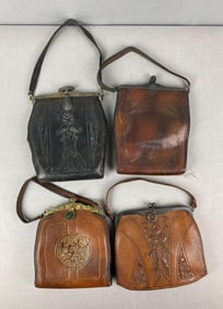 Group of Antique Art Nouveau Embossed Leather Turn Lock Purses