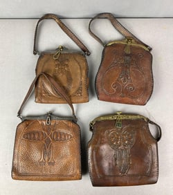 Group of Antique Art Nouveau  Embossed Leather Turn Lock Purses