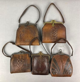 Group of Antique Art Nouveau Embossed Leather Turn Lock Purses