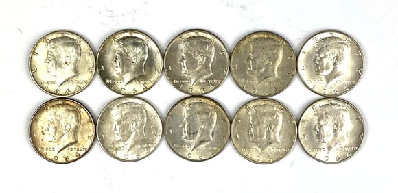 Group of 10 1964 Kennedy Silver Half Dollars