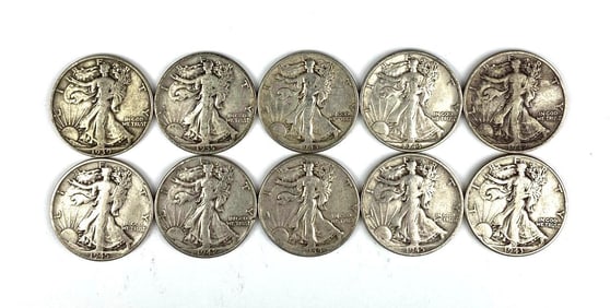Group of 10 US Walking Liberty Silver Half Dollars