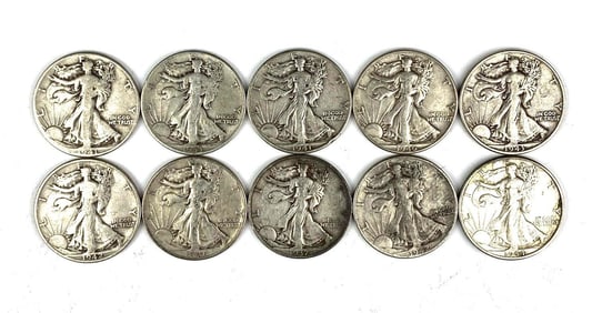 Group of 10 US Walking Liberty Silver Half Dollars