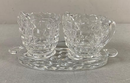 Vintage 1960’s Fostoria American Sugar and Creamer Oval Tray Set