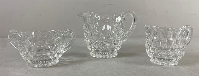 Group of 3 Vintage 1960’s Fostoria American Glass Creamer and Sugar Bowl Set