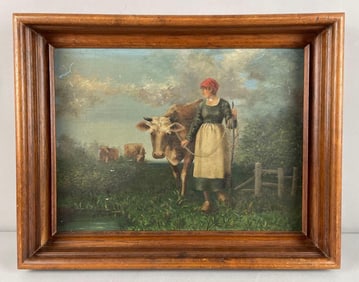 Late 1800s Signed Woman Leading Cow Oil Painting on Canvas Board