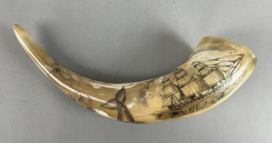 Antique Whaling Scrimshaw Powder Horn Flask