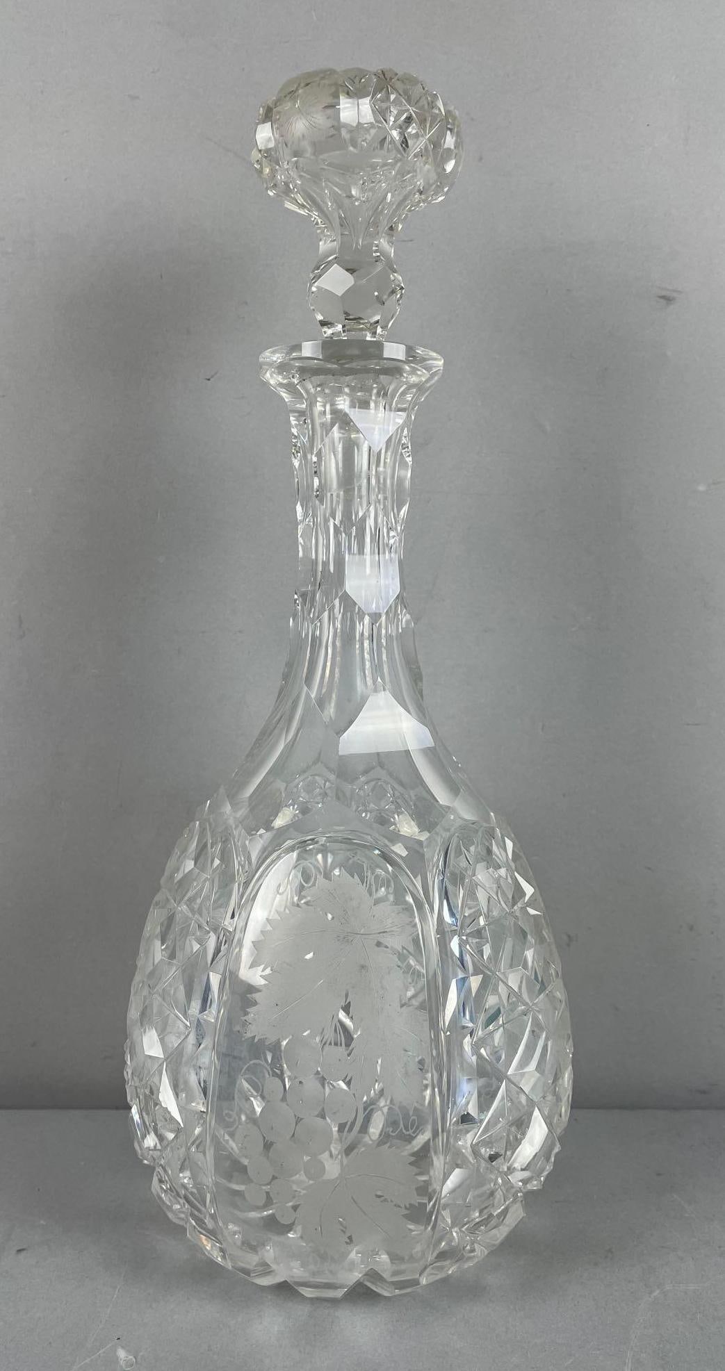 Antique Cut Glass Wine Decanter with Etched Grape Vine Motif: Measures 13" x 5 1/4"