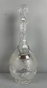 Antique Floral Etched Cut Glass Decanter with Scotch Label