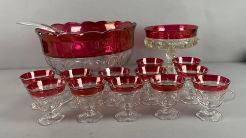 Vintage Ruby Red Flash Glass Punch Service Set