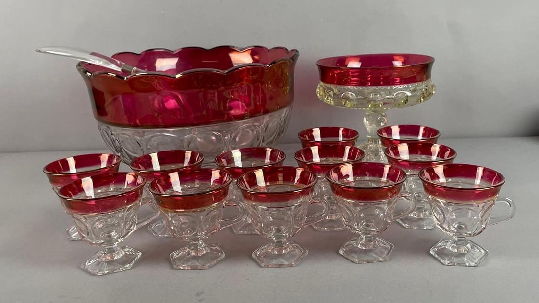 Vintage Ruby Red Flash Glass Punch Service Set (1 of 2)