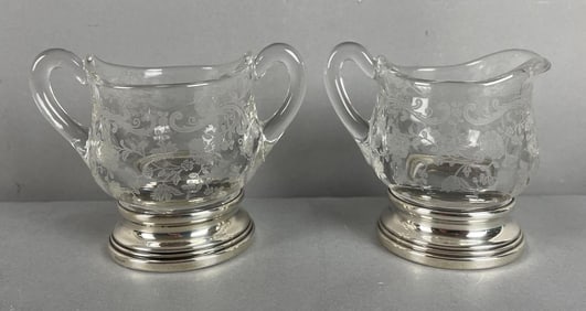 Sterling Silver and Etched Glass Creamer and Sugar Bowl