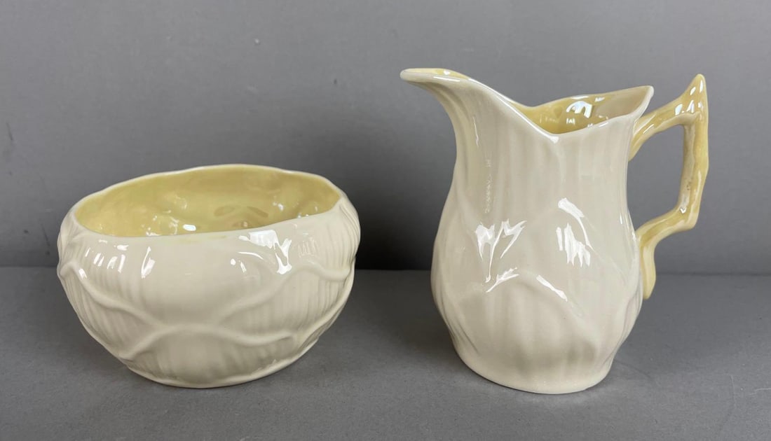 Vintage Belleek Lily Porcelain Creamer and Sugar Bowl: Stamped on bottom, bowl measures 2" x 3 1/2"