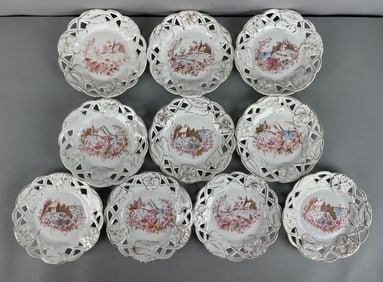 Group of Antique Pierced Porcelain Plates with Painted Scenes