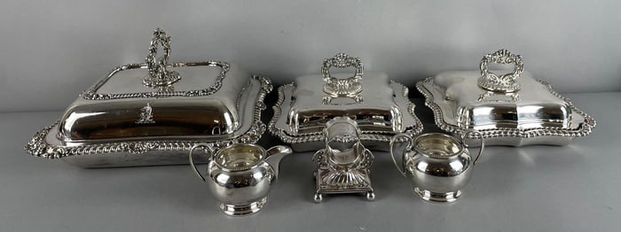 Group of Antique Silver Plate Lidded Serving Dishes and More