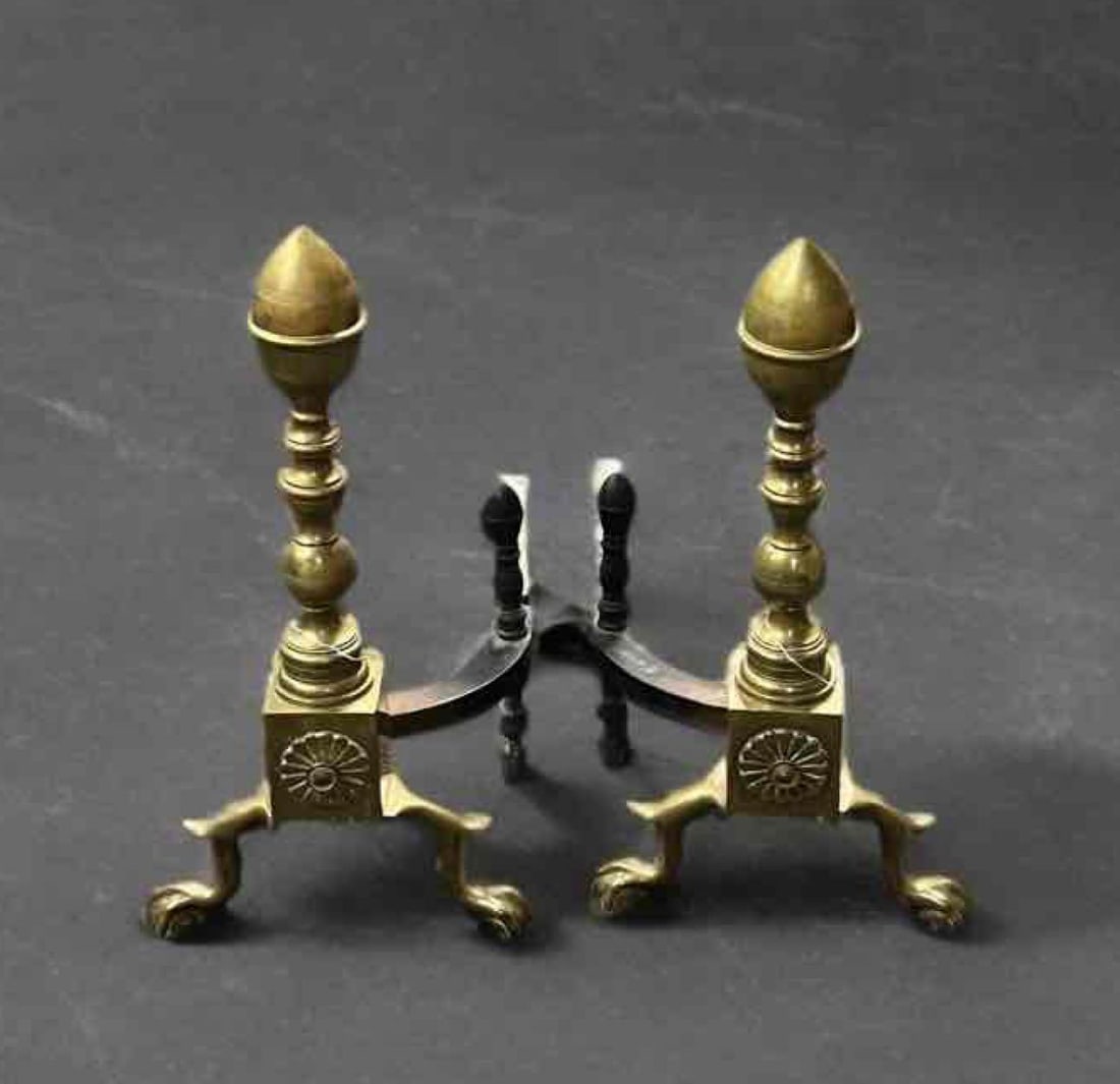 Group of 2 Antique Brass Federal Style Andirons: Have ball and claw feet. Measures H 20 x W 10 x L 22 inches. No In house shipping. Third party shipping recommended.
