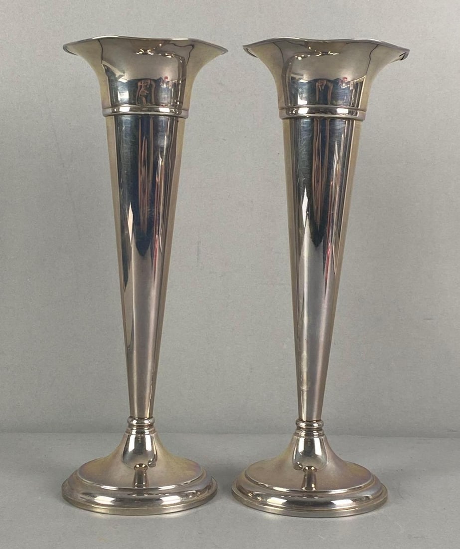 Pair of Weighted Preismer Sterling Silver Trumpet Vases: Pair of Weighted Preismer Sterling Silver Trumpet Vases Pattern No. 192, each measures 10” H x 4” W x 4” D