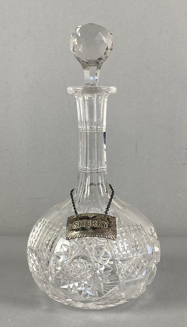 Antique Cut Crystal Sherry Decanter with Sterling Silver Tag (1 of 5)