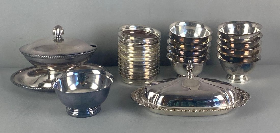 Group of Assorted Silverplate Items: Includes coasters, gravy boat, butter dish and More, largest measures 5” H x 8” W x 5 1/2” D