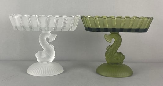 Group of 2 Frosted Fish Pressed Glass Compotes
