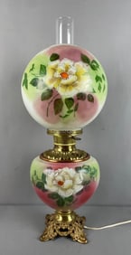 Antique GWTW Hand Painted Floral Hurricane Lamp