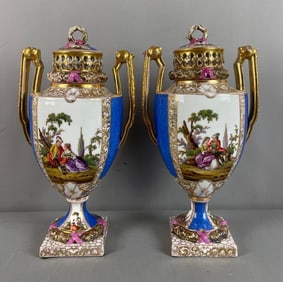 Group of 2 Antique Rococo Figural Porcelain Urns