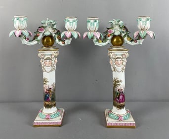 Pair of Meissen Figural Porcelain 3 Light Candelabras