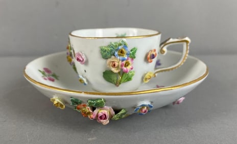 Antique Meissen Porcelain Floral Teacup and Saucer
