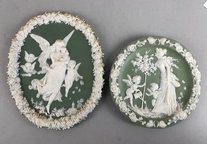 Group of 2 Schafer and Vater Green Jasperware Cherubic Wall Plaques