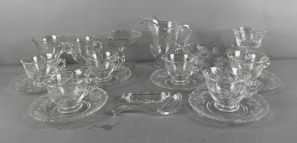Group of Vintage Etched Glass Teacup / Saucers and More