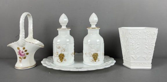 Westmoreland Paneled Grape Milk Glass Dresser Set and More