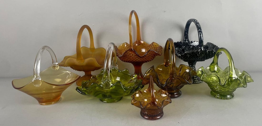Group of Vintage Glass Basket Dishes: Includes Fenton, largest measures 9 3/4" x 7"