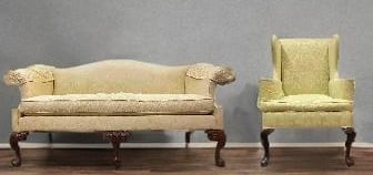 Group of 2 Queen Anne Style Mahogany WingBack Furniture: Includes Hickory Chair Manufacturer armchair and couch with yellow damask upholstery. Have claw and ball wood feet. Largest furniture measures H 36 x W 31 x L 66 inches. No in house shipping. Third pa