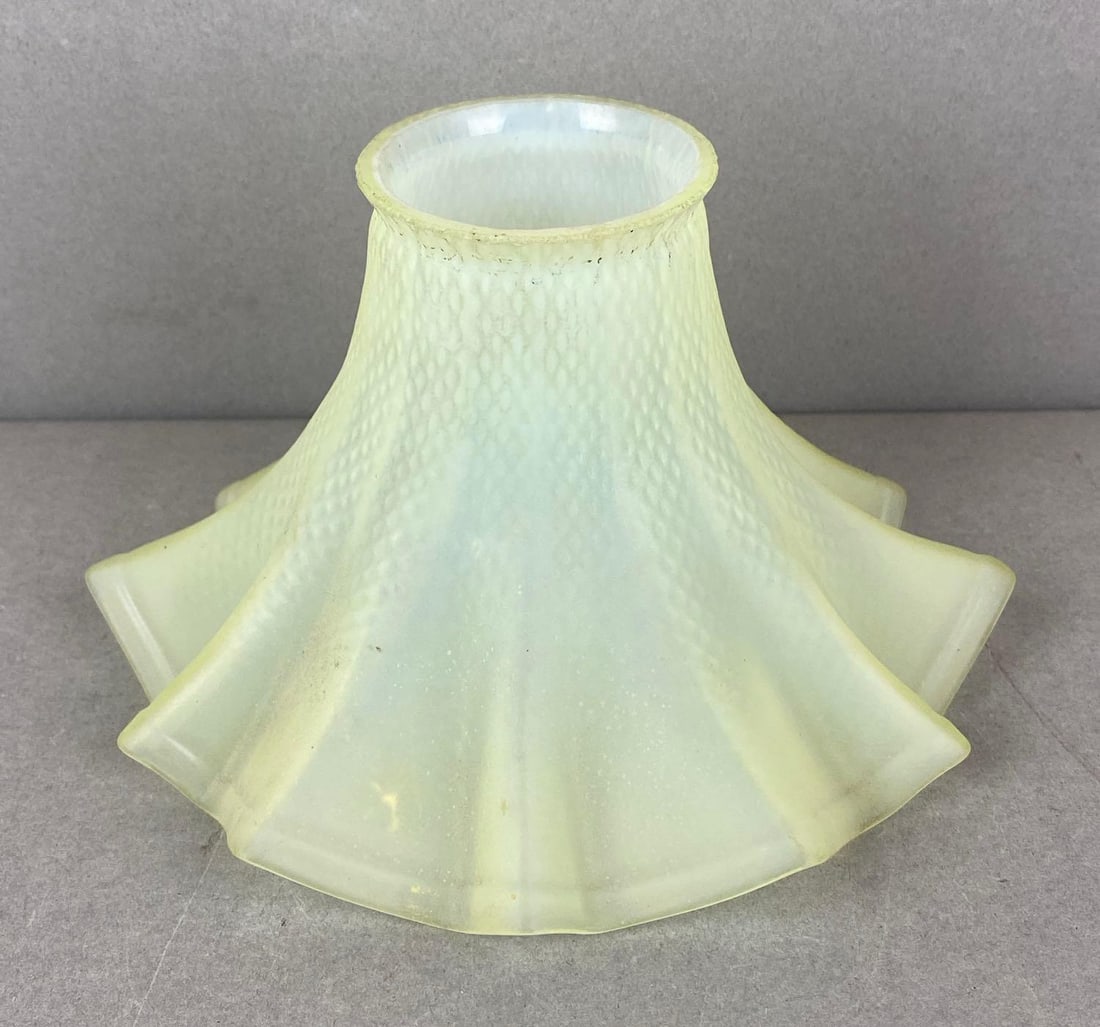 Antique Ruffled Uranium Glass Shade: UV light reactive. Fitter measures 2 1/4 inches. Shade measures H 4 1/4 X W 6 1/2 x D 6 1/2 inches.