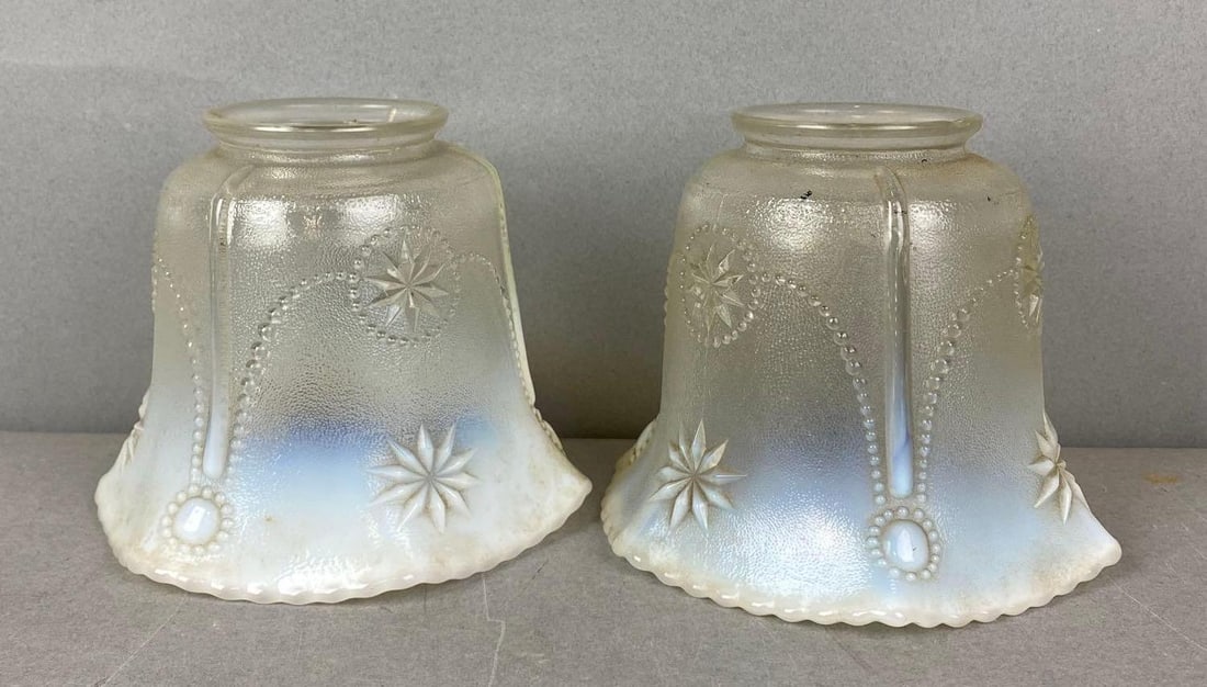 Group of 2 Antique Clear Opalescent Starburst Light Shaded: One has a chip. Largest fitter measures 2 1/4 inches. Largest shade measures H 4 x W 5 x D 5 inches.