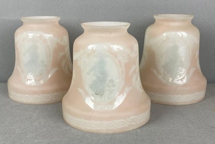 Group of 3 Antique Pink and White Case Light Shade with Figural Motifs