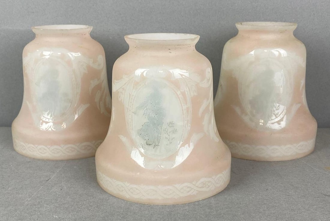 Group of 3 Antique Pink and White Case Light Shade with Figural Motifs (1 of 2)