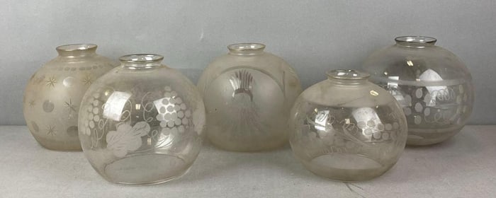Group of 5 Antique Frosted and Cut Globe Light Shades