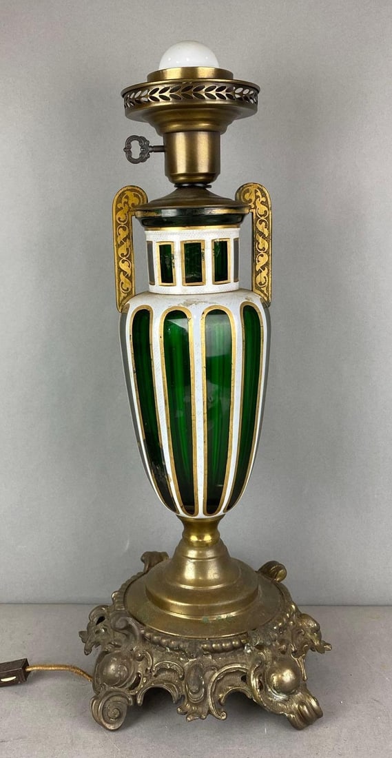 Antique Moser Bohemian Gilt and Enamel Lamp: Does not work. Measures H 21 x W 11 x D 11 inches.