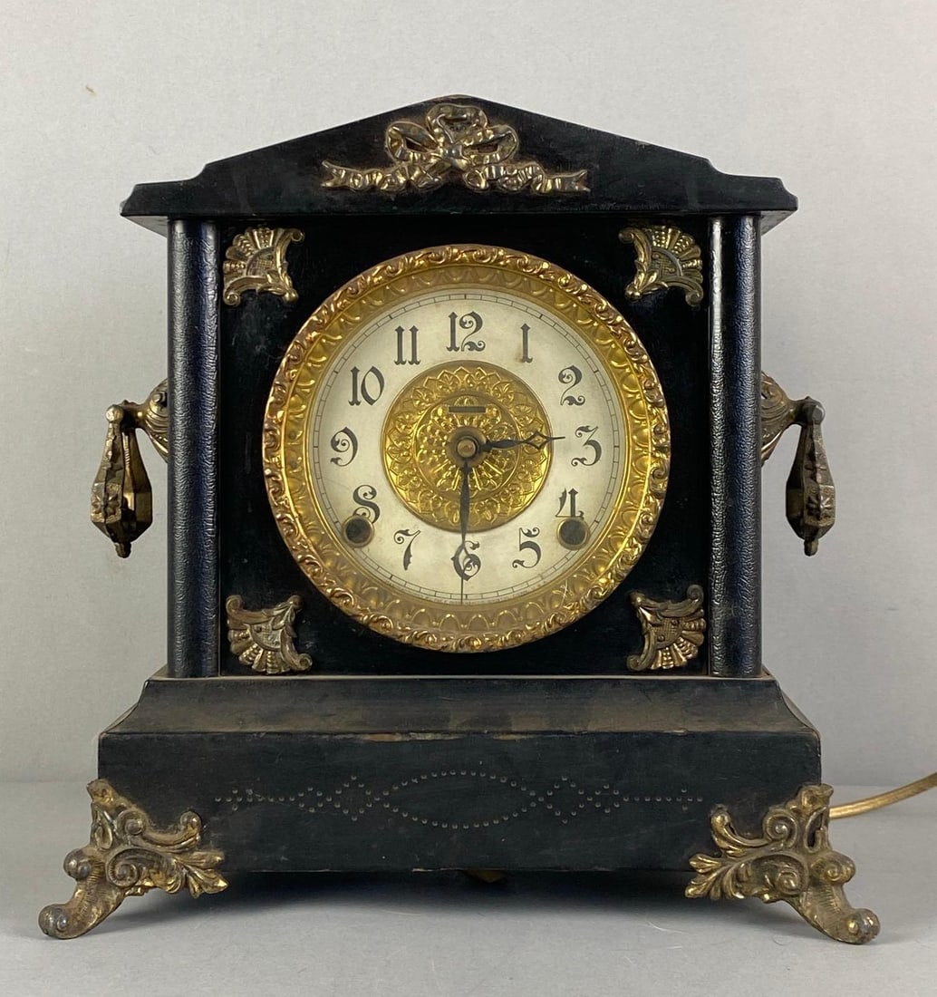 Antique E Ingraham Electric Black Mantel Clock: Untested, needs rewired, measures 11 1/2” H x 10 1/2” W x 5 1/2” D