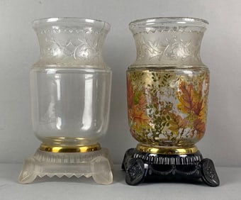 Group of 2 Antique Floral Pressed Glass Candle Holders